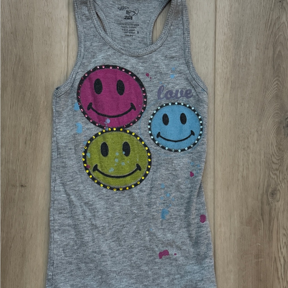 Flower by Zoe Smiley Face Tank Top for Kids - Gray with Multicolor Accents